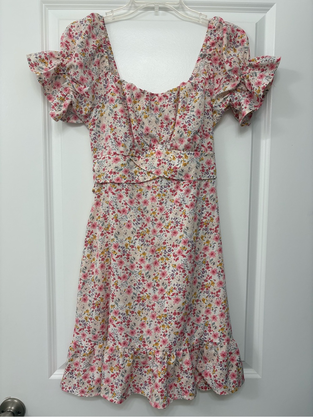 SHEIN Pink Floral Square-Neck Ruffle-Sleeve Dress
